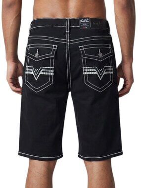 True Luck Men's Jean Shorts Black Thick Stitch Pockets Stretch Denim Jorts NWT